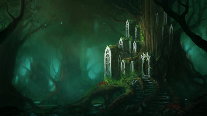 Fantasy elven architecture in a dark forest