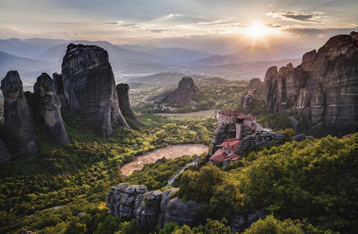 Meteora monasteries at sunset