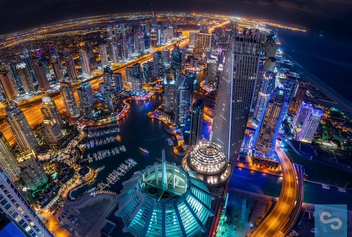 Aerial Night View of Dubai Marina Skyline