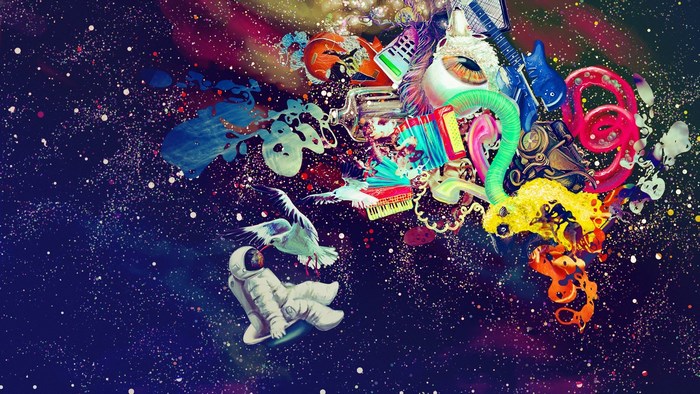 Psychedelic Space Collage with Astronaut and Birds