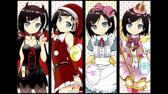 Four girls in costumes: devil, Santa, maid, and magic girl