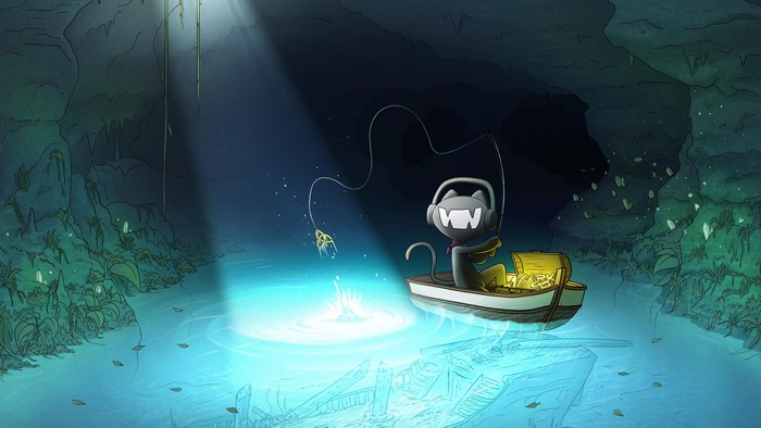 Monstercat fishing in a cave with treasure chest
