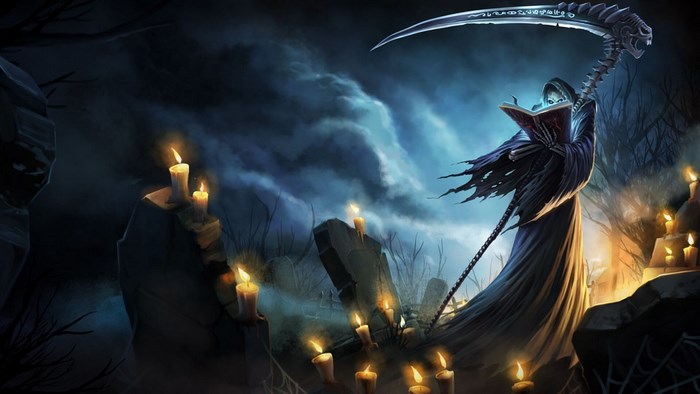 Grim Reaper reading a book in a graveyard