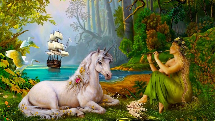 Unicorn by the sea with a woman playing a flute