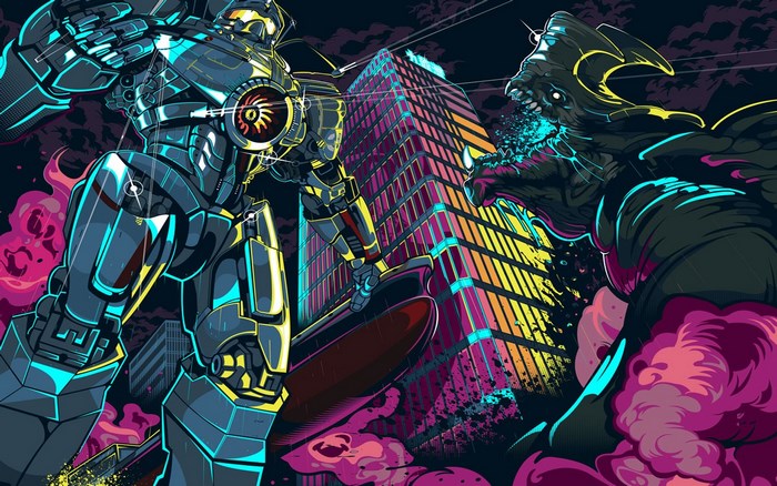 Gipsy Danger and Kaiju battle in a city