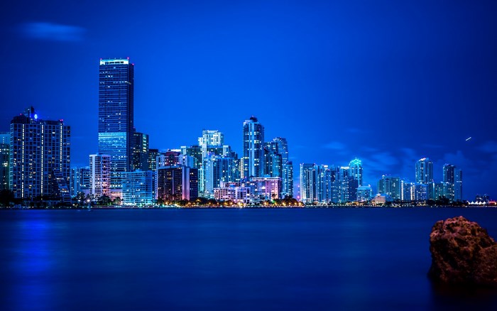 Miami Skyline at Night Over Water