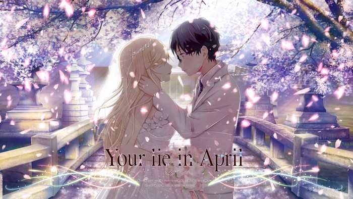 Your Lie in April anime couple under cherry blossoms