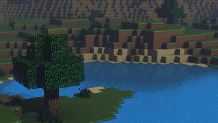 Minecraft landscape with a tree and a lake