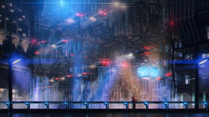 Cyberpunk Cityscape with Flying Objects