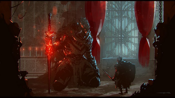 Dark Souls III knight facing a giant fiery warrior