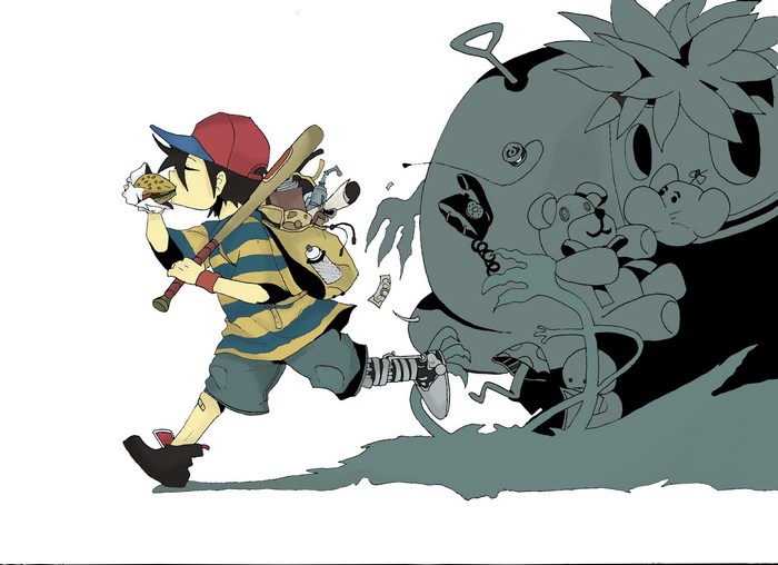 Ness from EarthBound eating a burger with a monster