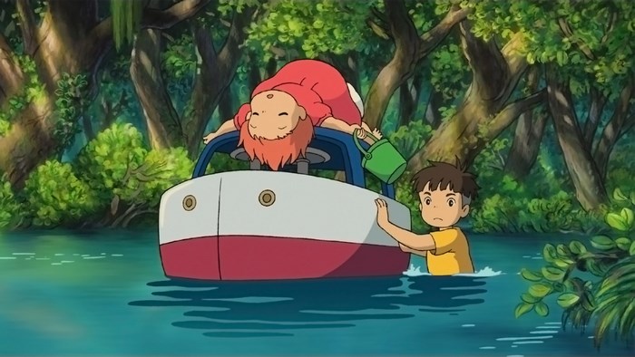 Ponyo and Sosuke on a boat in a forest