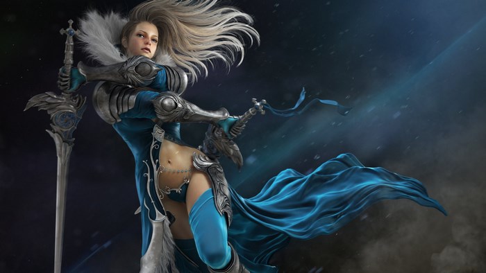 Woman warrior with sword and blue cloak