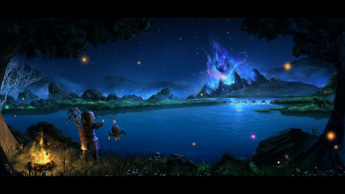 Child with staff by campfire near lake under aurora