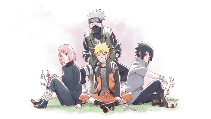 Naruto, Sakura, Sasuke, and Kakashi sitting on grass