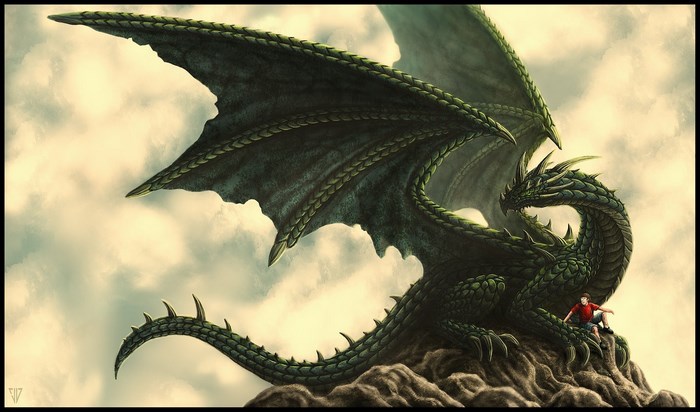 Green dragon with a boy on a rock