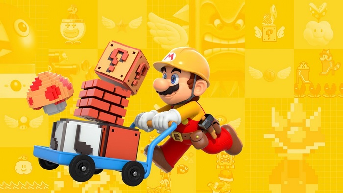 Mario from Super Mario pushing a cart with blocks