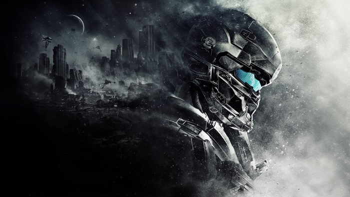 Master Chief from Halo 5 in a destroyed city