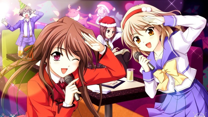 Anime characters singing karaoke at a Christmas party
