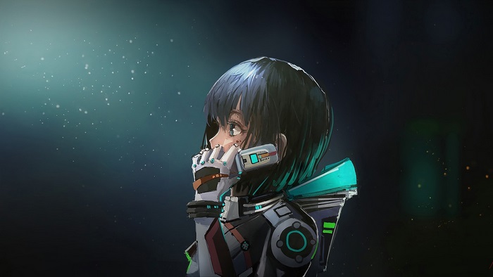 Anime girl in futuristic suit with glowing particles