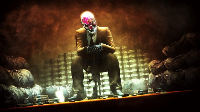 Payday 2 character with mask and gun