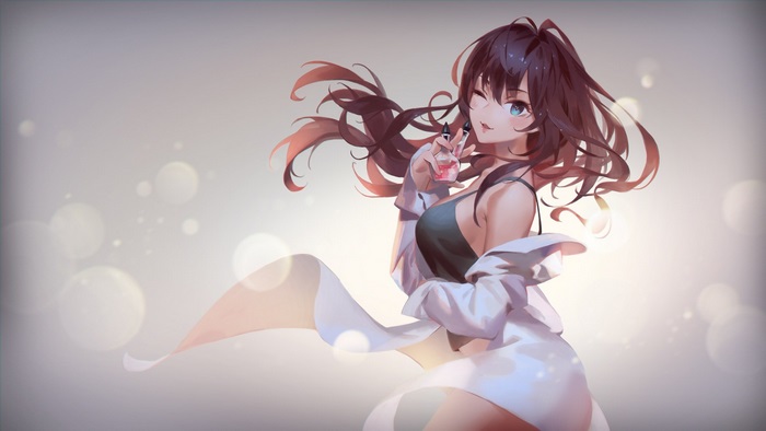 Anime girl with brown hair holding perfume bottle