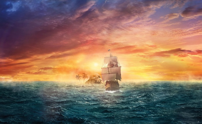 Pirate ship sailing towards a skull island at sunset