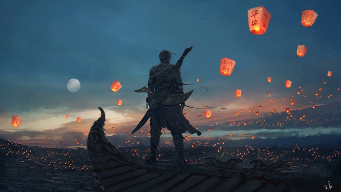 Fantasy warrior releasing lanterns at dusk