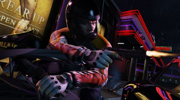 Man in helmet firing gun from vehicle in GTA 5 4K