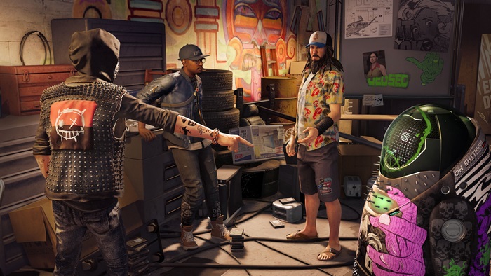 Watch Dogs 2 characters in a garage
