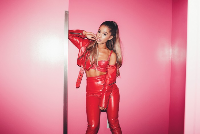 Ariana Grande in red leather outfit