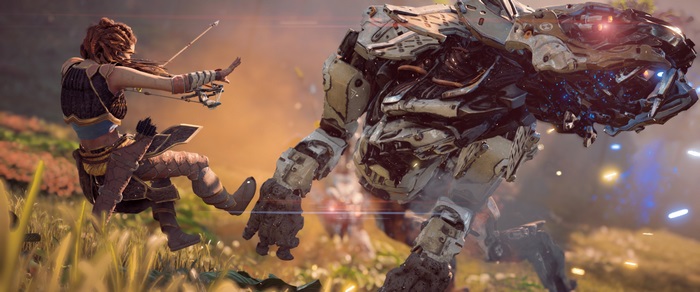 Aloy from Horizon Zero Dawn fighting a machine