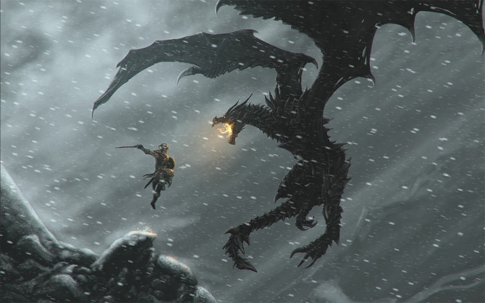 Dragonborn fighting a dragon in The Elder Scrolls V: Skyrim 4K