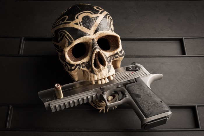 Skull with a gun and bullet