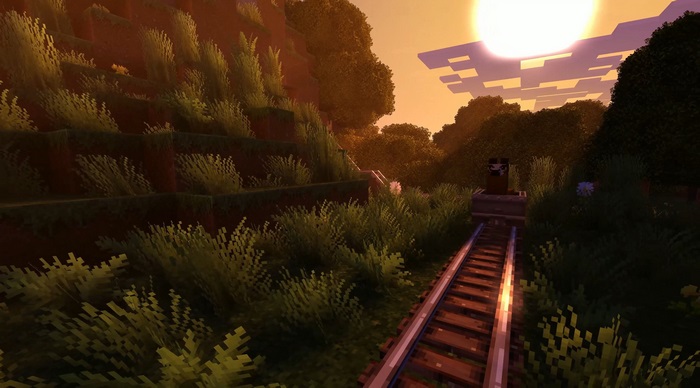Minecraft 4K Edition Train Tracks at Sunset