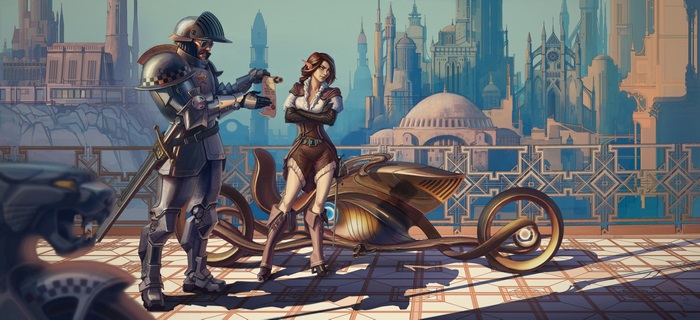 Steampunk knight and woman with vehicle
