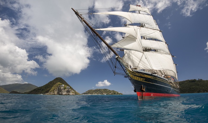 Sailboat Sailing on Bright Ocean Under Blue Sky