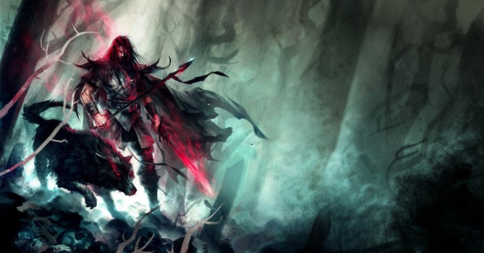 Man with wolf in dark forest