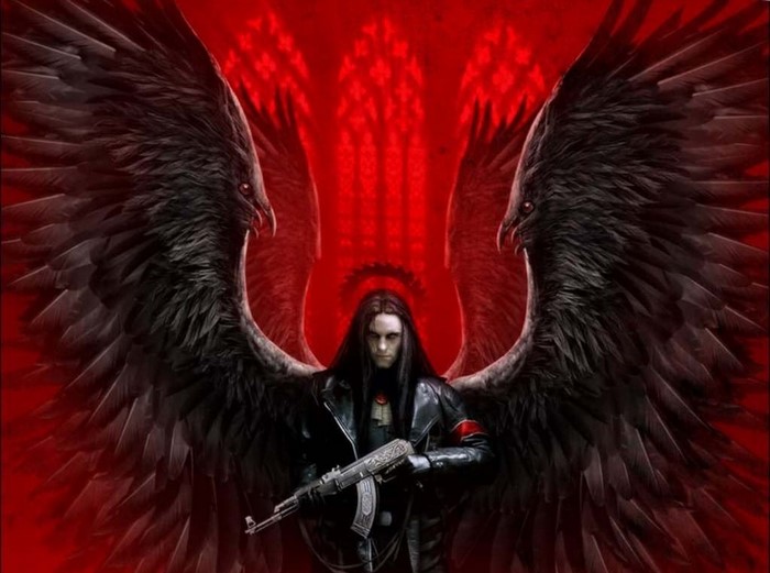 Dark angel with black wings holding a rifle