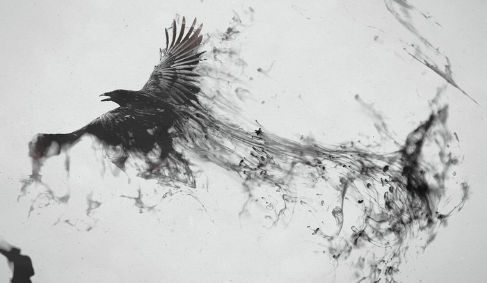Black and White Digital Art of a Raven in Flight
