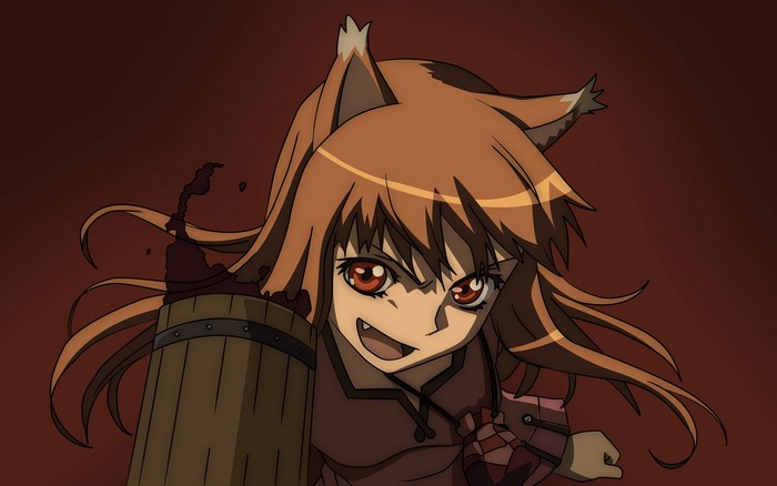 Holo from Spice and Wolf holding a wooden barrel