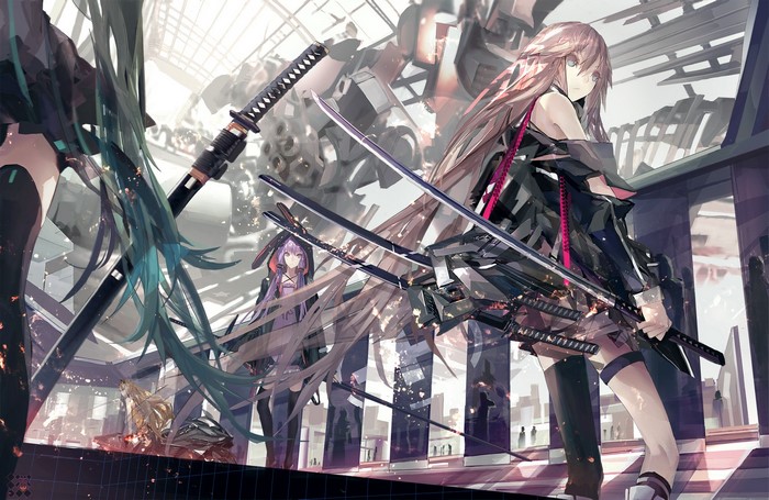 Anime girls with katanas in a futuristic city