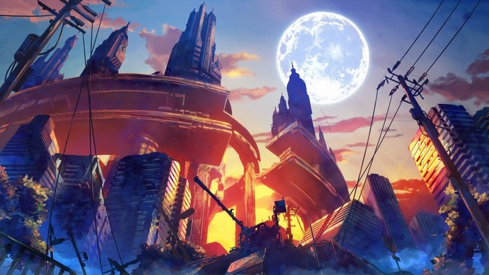 Anime city ruins with large moon and sunset