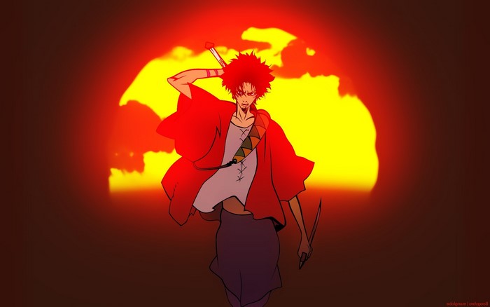 Mugen from Samurai Champloo in front of a sunset