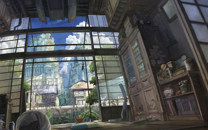 Anime house interior with city view