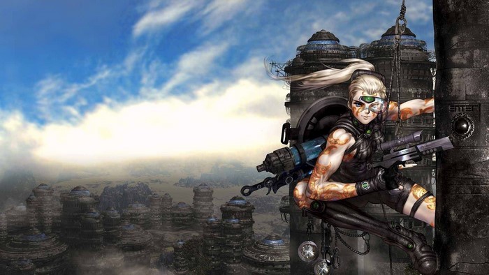 Anime warrior with futuristic city background