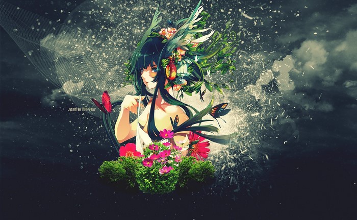 Anime girl with flowers and butterflies