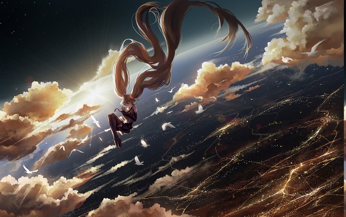 Hatsune Miku floating in space with birds and clouds