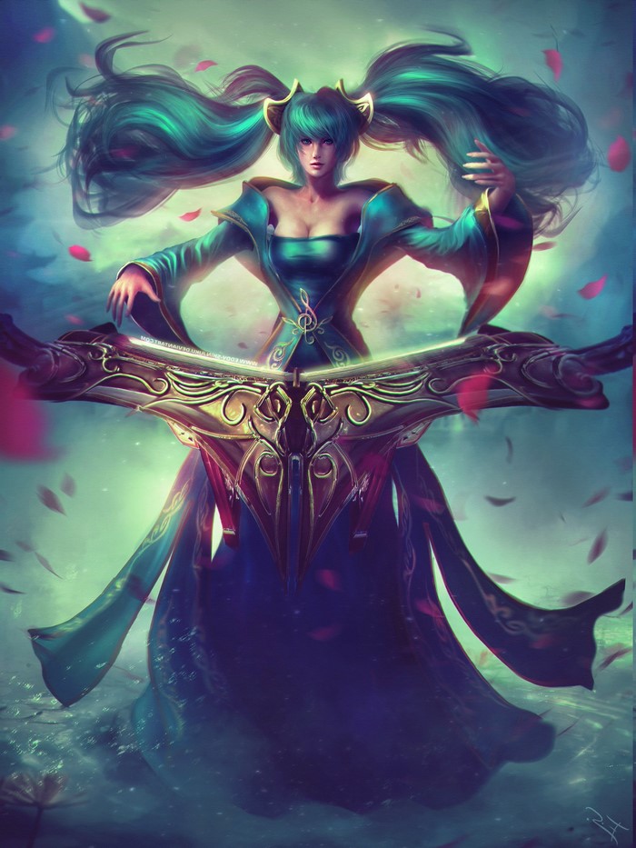 Sona from League of Legends with a harp