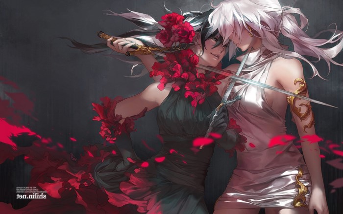Anime girls with swords and roses